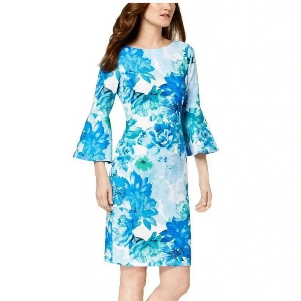 CALVIN KLEIN | Women's Scuba Crepe Floral-Print Bell-Sleeve Sheath Dress Size 4